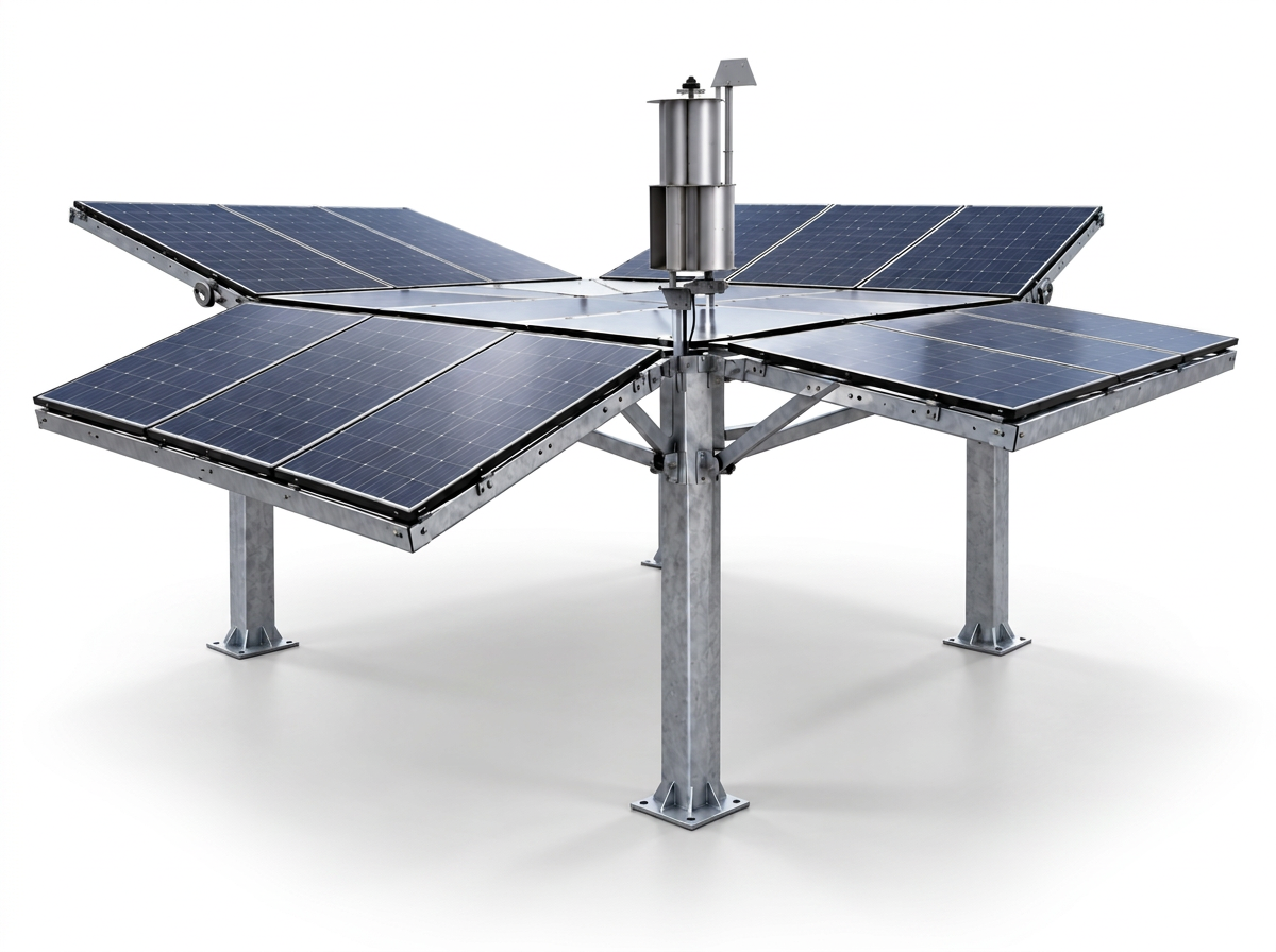 Green Energy Cube vollständig entfaltet: vier PV-Flügel auf verzinkter Stahlkonstruktion mit vertikalem Windmodul
